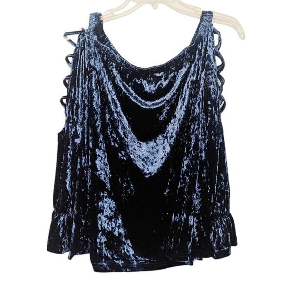 Womens Entro Blue Velvet Ladder Sleeve Off The Shoulder Top Sz M - Picture 3 of 11